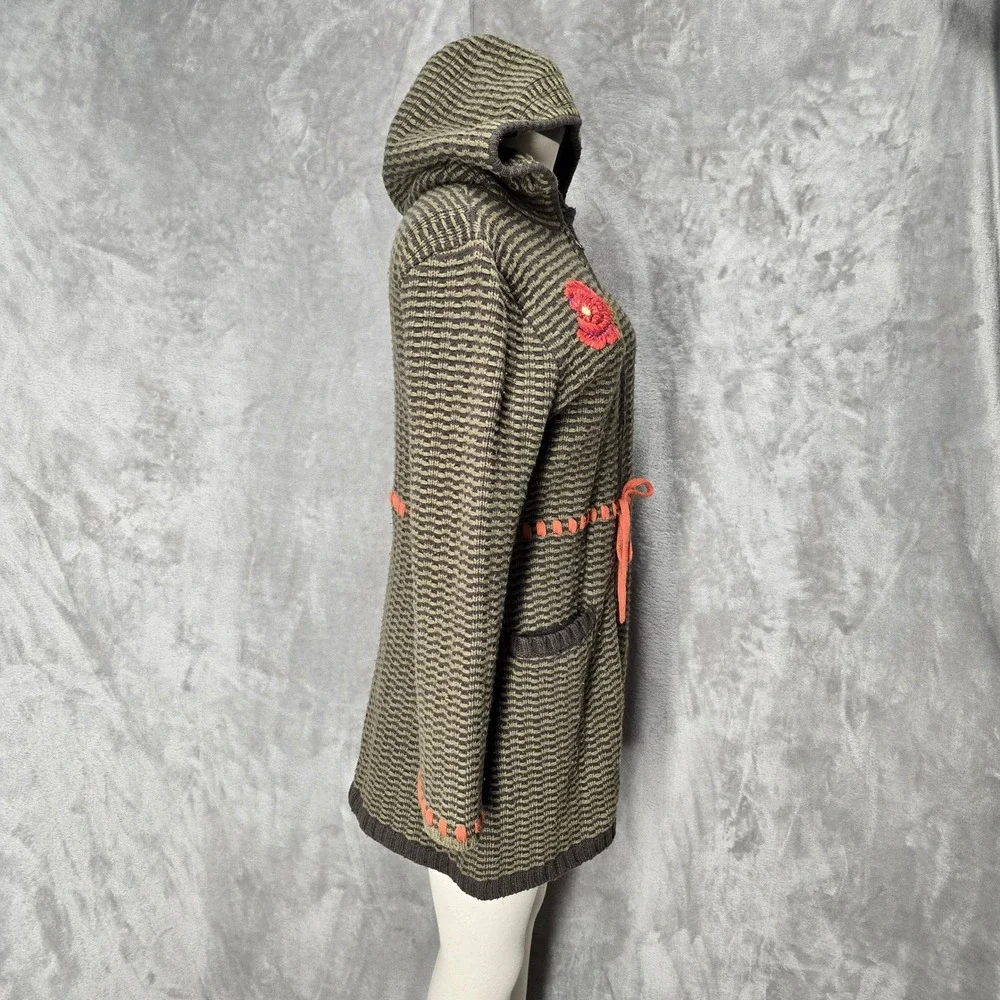Cabi Longline Hooded Zip Sweater Women M Sage Green Hobo Embroidered Wool Blend